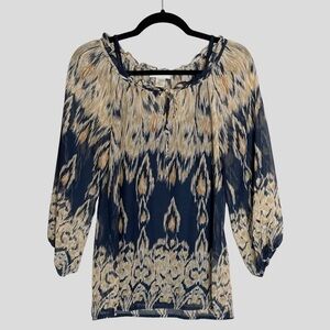 🌺 Kenar Boho Ikat Navy Tie Neck Lightweight Blouse Size XS